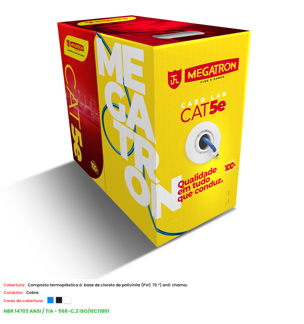 Foto do produto CABO CAT5E UTP CMX 4P 24AWG - HOMOLOGADO - 305M - PRETO - MEGATRON 